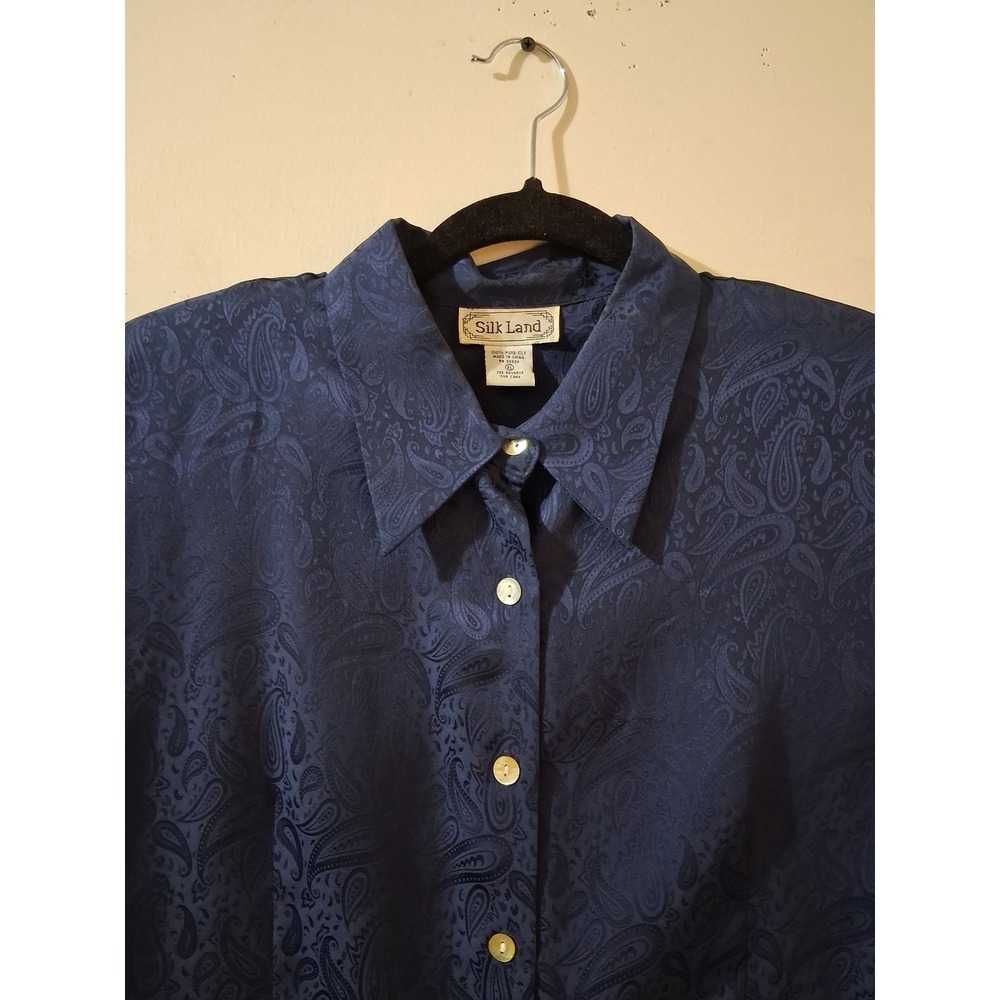 Silk Land Womens XL Navy Blue 100% Pure Silk Paisley Jacquard Button Up Blouse